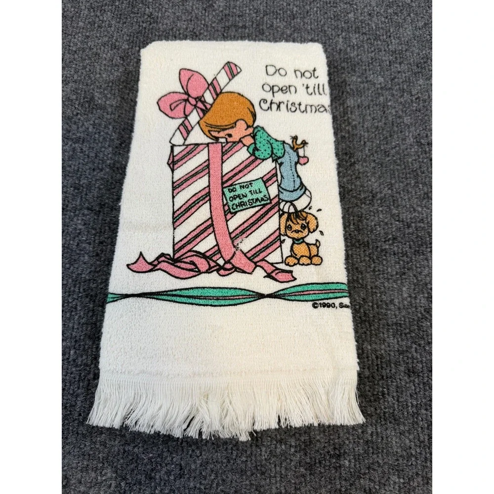 Vintage 1990 Precious Moments Hand Towel Do Not Open Till Christmas Made in USA